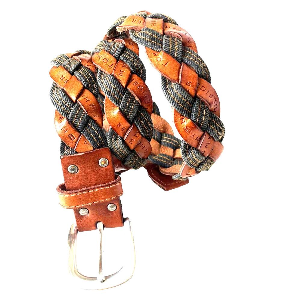 TOMMY HILFIGER Braided Leather Denim Womens Belt Size Medium Brown Blue 90s y2k